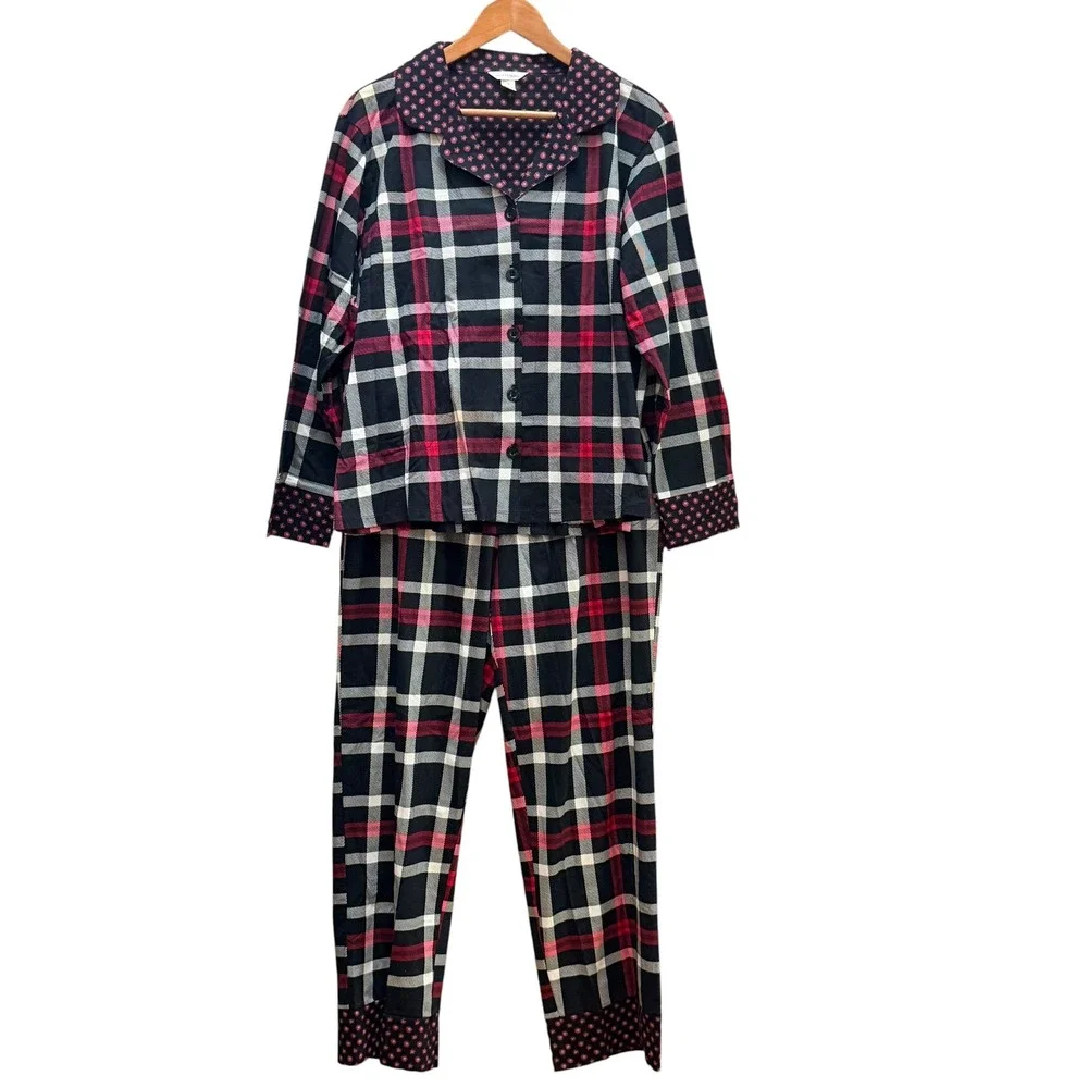 Vera Bradley Pajamas Women XL Black Plaid Button Down Sleepwear Set Loungewear